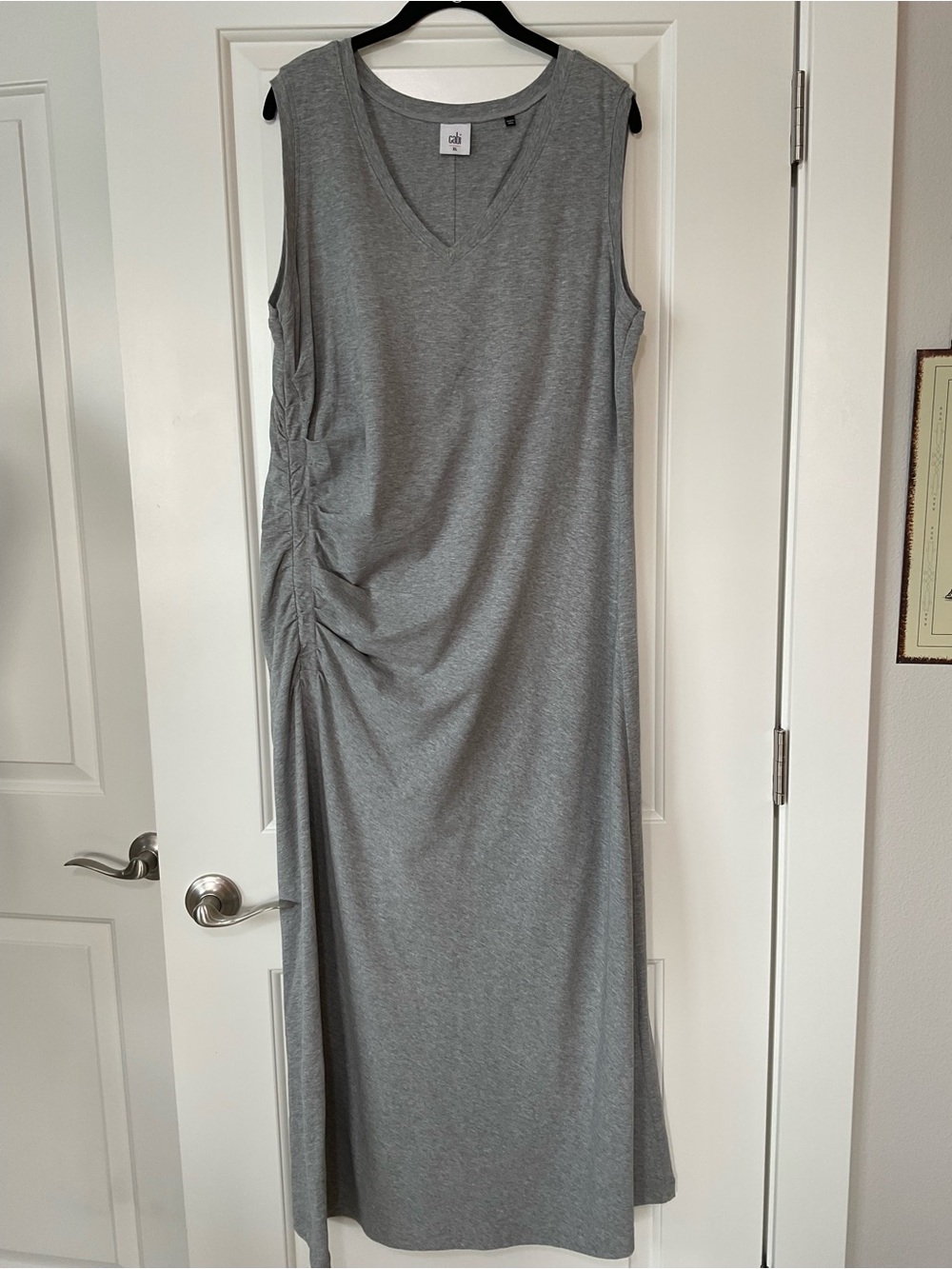 CAbi Gray Sleeveless V-Neck Ruched Side Maxi Dress